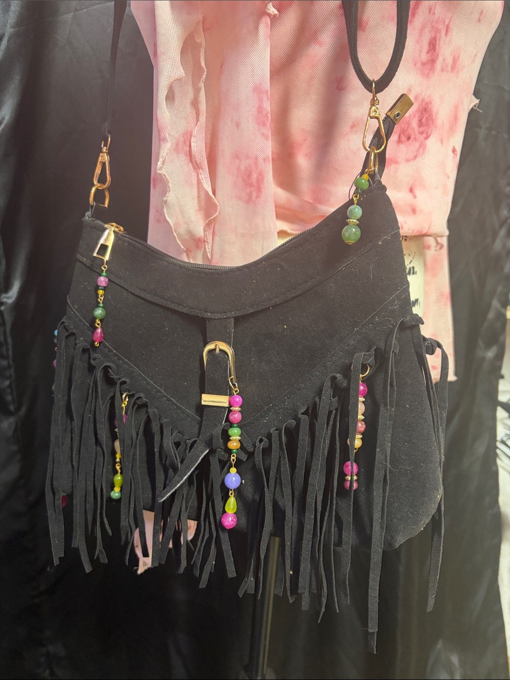 OOAK Boho Fringe Shoulder Bag with Handmade Tourmaline Accents Western Boutique